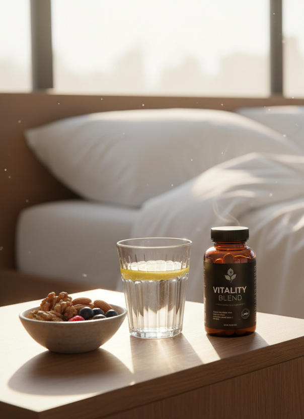 Génère une photo ultraréaliste pour illustrer le texte suivant :
Ce complément s'adresse aux hommes qui souhaitent retrouver doucement la main sur leur bien-être intime et optimiser leur vitalité. Il agit comme un allié précieux de votre routine, travaillant en synergie avec un sommeil de qualité, une alimentation saine et des moments privilégiés avec votre partenaire.
N'oublions pas que le bien-être intime est un aspect légitime de la santé globale. 